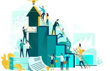 Goal achievement and teamwork business concept, career growth and cooperation for development of project, idea vector flat cartoon illustration. Ladder of success and climbing people, company staff